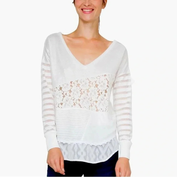 Desigual Tops - DESIGUAL Women’s Malta Lace Panel Long Sleeve Top White and Metallic size XS